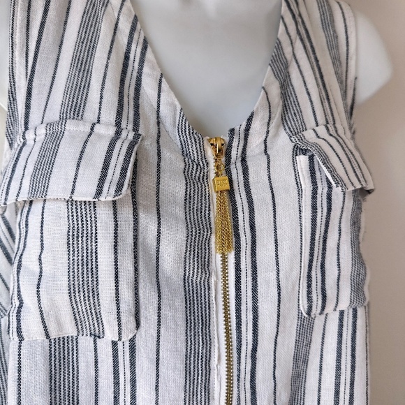 Ellen Tracy Linen Blend Top Sleeveless Stripes Gold Tassel L Blue White - Picture 2 of 7
